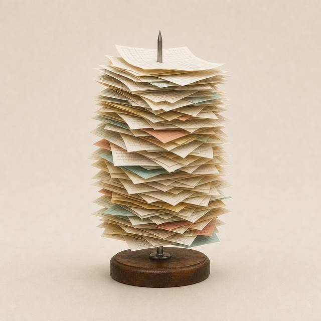 A pile of invoices disappearing until only one is left